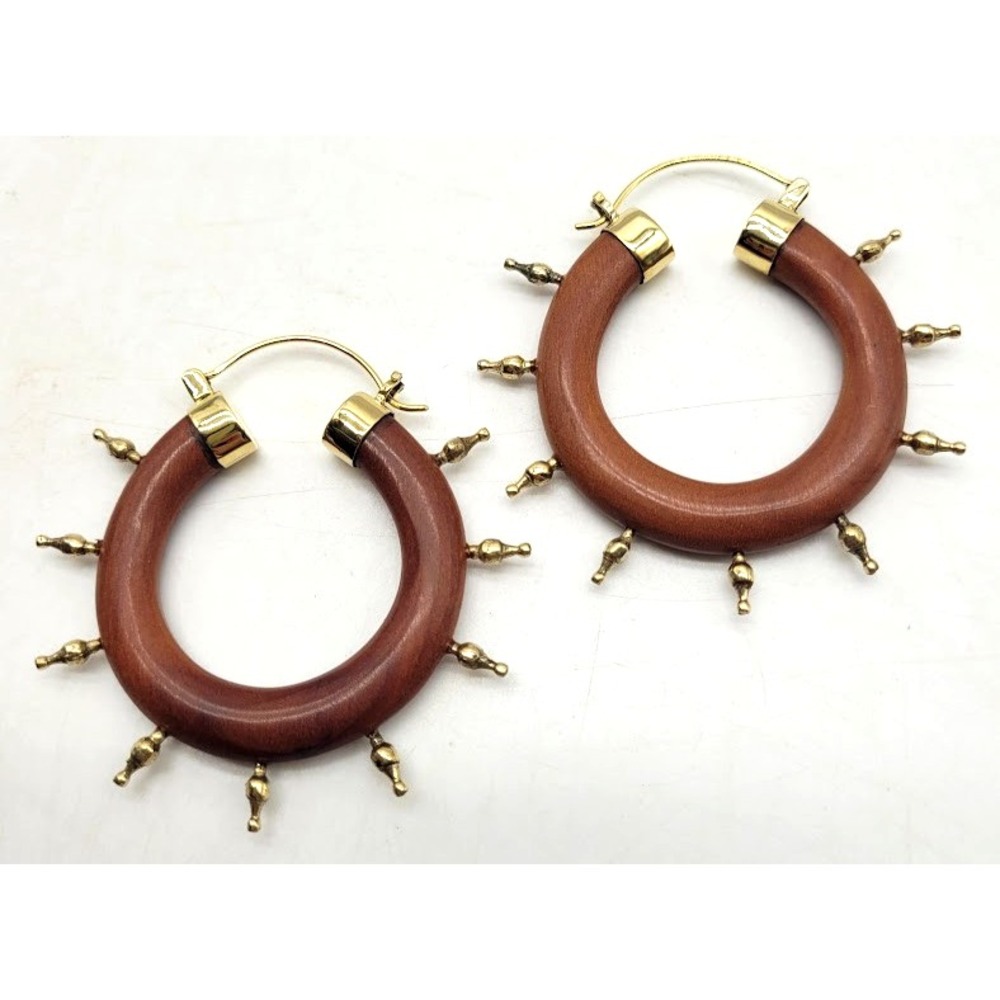 NEW Brass Wood Earrings Tribal Statement Boho Festival Handmade Nature Party Tre